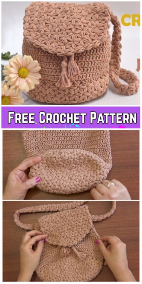 Jasmine Stitch Backpack Free Crochet Pattern Video Tutorial Crochet Backpack Pattern, Stitch Backpack, Crochet Shell Stitch, Free Crochet Bag, Crochet Backpack, Crochet Bag Tutorials, Crochet Bag Pattern Free, Bag Pattern Free, Pola Amigurumi