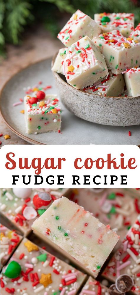 This sugar cookie fudge recipe creates a creamy fudge that is so delicious and pretty that it will have everyone feeling the Christmas spirit. With the combination of sugar cookie flavors and the soft texture of fudge, this concoction is sure to be a hit at every Christmas party this holiday season. Follow along with this easy fudge recipe to find out how to make this perfect sweet treat! Sugar Cookie Flavors, Cookie Fudge Recipe, Sugar Cookie Fudge, Christmas Fudge Recipes Easy, Fudge Bites, Cookie Fudge, Easy Fudge Recipe, Creamy Fudge, Holiday Fudge