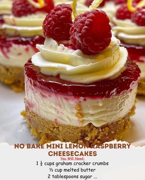 Mini Lemon Raspberry Cheesecakes, No Bake Raspberry Cheesecake Bites, Lemon Raspberry Cheesecake No Bake, Raspberry Cheesecakes, Raspberry Cheesecake Bites, Lemon Raspberry Cheesecake, Mini Lemon Cheesecakes, Raspberry No Bake Cheesecake, Food Inspired