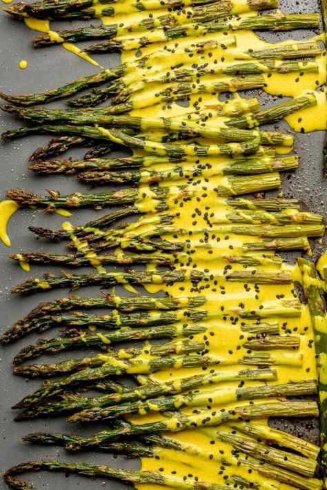 Roasted Asparagus with Creamy Lemon Cardamom Sauce - Fed & Fit Gluten Free Thanksgiving Sides, Veggie Side Dish, Fed And Fit, Steamed Asparagus, Gluten Free Thanksgiving, Healthy Living Recipes, Wine Night, Lemon Sauce, Roasted Asparagus