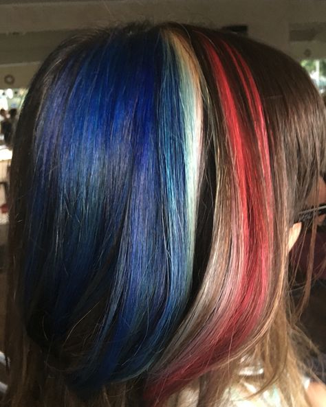 Red white and blue hair Red To Blue Ombre Hair, Red Hair With Blue Tips, Red And Blue Streaks In Hair, Red And Blue Hair Ombre, Blue Based Red Hair Color, Red And Blue Hair, Red Wigs, Make Up Inspo, White Hair