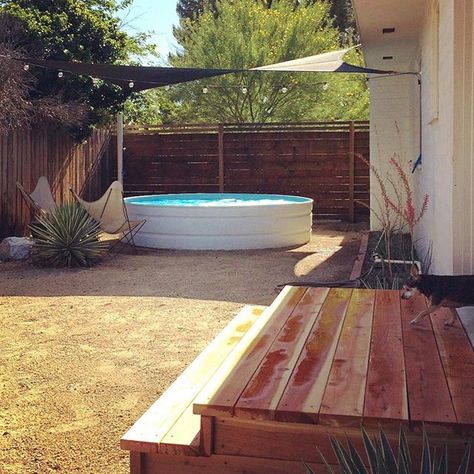 Stock tank pool and redwood deck Country Backyards, Stock Pools, Cheap Pool, Redwood Decking, Hot Tub Cover, Tank Pool, Outdoor Tub, Stock Tank Pool, Stock Tank