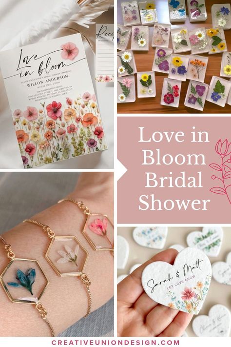 Spring is the perfect time to celebrate love and new beginnings, making it an ideal season for a wildflower-themed bridal shower. Plan your dream wildflower bridal shower with invitations, welcome signs, recipe cards, bouquets, soap favors, bridesmaid gifts, hexagon pressed flower bracelets, pressed floral frames, seed packet favors. Summer garden wedding bridal shower inspirational ideas. Wedding Shower Floral Theme, Garden Style Bridal Shower Ideas, Love Grows Bridal Shower Theme, Love Is In Bloom Bridal Shower Favors, Pressed Flower Sign, Flower Garden Bridal Shower Ideas, Bridal Shower Wild Flower Theme, Wild In Love Bridal Shower Theme, Wildflower Bridal Shower Favors