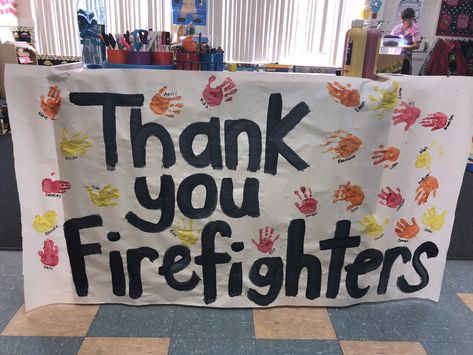 Thank you to our firefighters from our students for community helper month! #thankyou #firefighters #communityhelpers #preschool #handprints Fireman Thank You Card Preschool, Firefighter Cards From Kids, Firefighter Thank You Card Preschool, Thank You Firefighters, Thank You Firefighters From Kids, Firefighter Dramatic Play, Community Helpers Lesson Plan, Fire Safety Preschool Crafts, Fireman Crafts