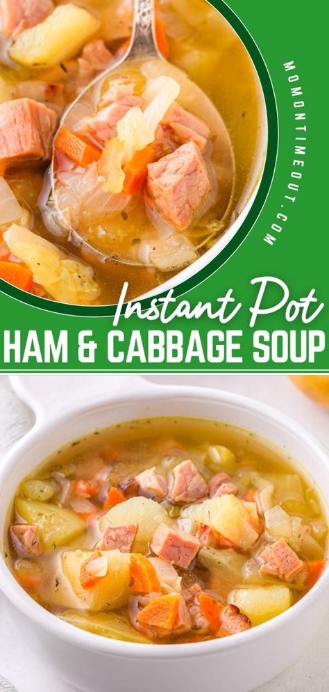 Ham and Cabbage Soup (Instant Pot), comfort food recipes, dinner ideas for tonight Ham And Cabbage Crockpot, Instant Pot Ham Recipes, Instant Pot Ham And Cabbage, Turkey Cabbage Soup, Cabbage Soup Instant Pot, Hamburger Cabbage, Ham And Cabbage Recipe, Ham Potatoes, Ham And Cabbage Soup