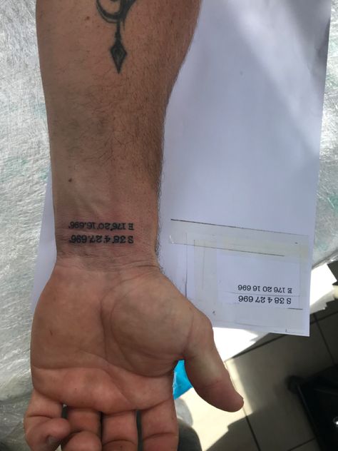 Coordinates Tattoo Wrist, Wrist Date Tattoo, Number Tattoo Men, Coordinates Tattoo Men, Date Tattoo Ideas For Men, Area Code Tattoos, Area Code Tattoo, Date Tattoo, Coordinates Tattoo