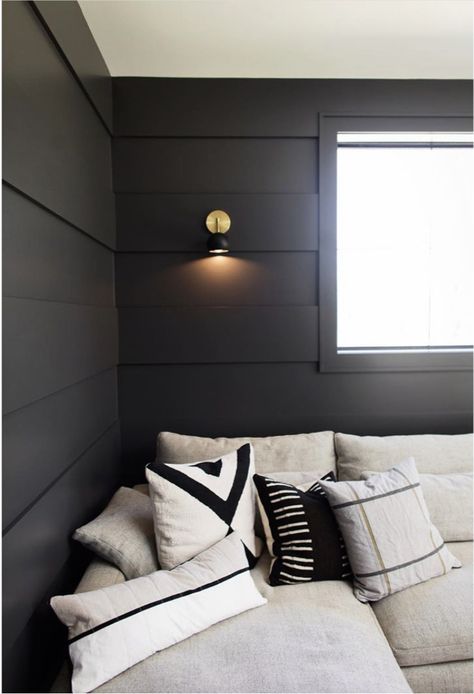 Matte Black Shiplap Wall, Black Shiplap Wall Bedroom, Black Farmhouse Wall, Black Shiplap Wall, Black Shiplap, Black Walls Bedroom, Wall Sconces Living Room, Black Accent Walls, Shiplap Walls