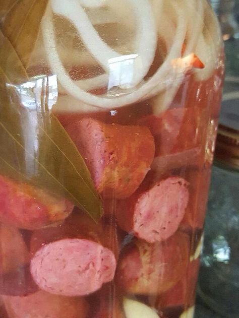 Pickled Sausage Recipe | Allrecipes Pickled Bologna, Pickled Meat, Pickled Sausage, Pickled Things, Pickled Eggs Recipe, Little Smokies, Smoked Sausage Recipes, Canning Recipe, Polish Sausage