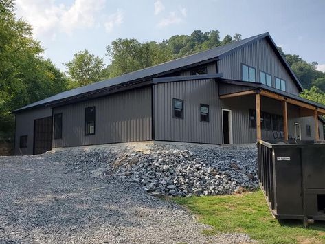 Gray And Black Barndominium Exterior, Industrial Barndominium Interior, 2 Bedroom Floor Plans Open Concept, Grey Barndominium Exterior, Burnished Slate Metal Building, Black Barndominium Exterior, Open Concept Barndominium, Metal Barndominium, Barndominium Exterior