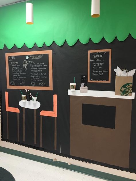 Starbucks Office Design, Classroom Coffee Shop, Starbucks Mode Classroom, Poetry Cafe Classroom, Starbooks Library, Coffee House Classroom, Reading Week Ideas, Starbucks Classroom, Coffee Classroom