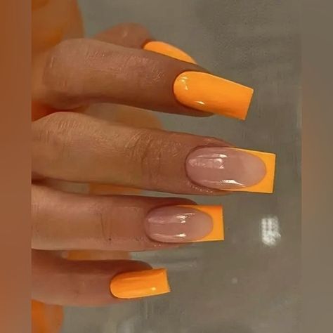 Square Nails Orange, Orange Nails French Tip, Nails French Tip Design, Hoco Nails, French Tip Design, Halloween Press On Nails, Solid Orange, Orange Square, Orange Design