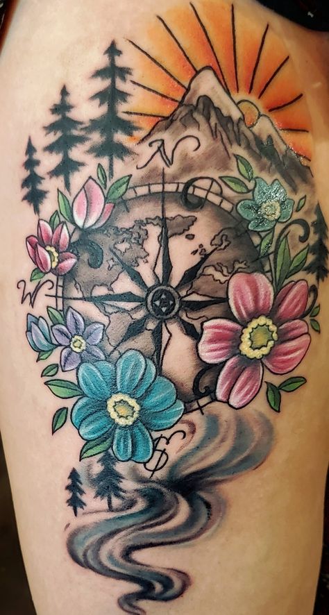 Compass Tattoo With Flowers, Compass With Flowers Tattoo, Compass Flower Tattoo, Nature Compass Tattoo, Floral Compass Tattoo, Wilderness Tattoo Women, Pirate Compass Tattoo, Feminine Compass Tattoo Design, Compass Thigh Tattoo