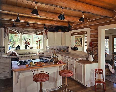 Cabin Light Fixtures, Log Cabin Lighting, Log Cabin Kitchen, Log Home Kitchen, Log Home Kitchens, Track Lighting Kitchen, Log Cabin Interior, Cabin Lighting, Cabin Interiors