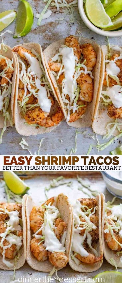 Shrimp tacos made with taco seasoning and topped with cabbage and sour cream are a quick and easy dinner that is perfect for healthy weeknight meals! #shrimp #shrimptacos #tacos #mexican #mexicanfood #easyrecipes #dinner #quickrecipes #weeknightmeals #dinnerthendessert Shrimp Taco Sauce, Shrimp Tacos Easy, Shrimp Taco Recipes, Taco Dinner, Chile Guajillo, Shrimp Dinner, Healthy Weeknight Meals, Quick And Easy Dinner, Shrimp Tacos