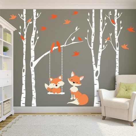 Birch Tree Nursery, River Birch Trees, Trees Nursery, Birch Tree Wall Decal, Fox Decal, Bos Baby, River Birch, Fox Nursery, Forest Baby