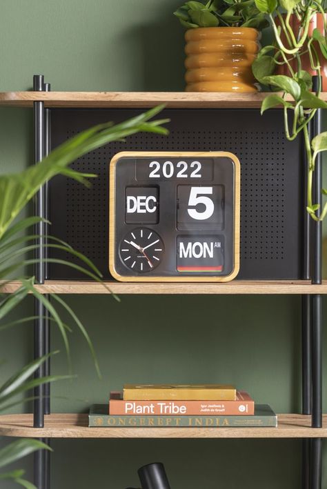 A classic from Karlsson. Wall clock Mini Flip is a practical accessory, but also a stylish item on the wall. Mini Flip from Karlsson gives you a complete overview with one glance. He is not only showing the time, also the day and date are shown. The wall clock by Karlsson impresses with a retro look, reminiscent of the 1950s. The simple silver case with black dial makes this a modern decorative item on the wall. Karlsson Flip Clock, Flip Wall Clock, Retro Office Design, Karlsson Clock, Aesthetic Wall Clock, Retro Flip Clock, Retro Home Office, Clock Aesthetic, Wall Clock Decor Living Room