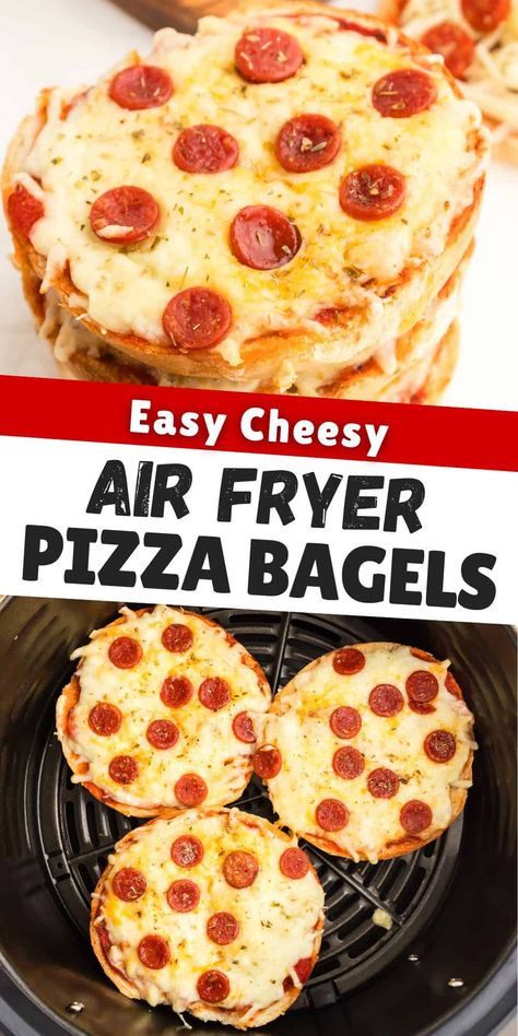 Air fryer pizza bagels are quick and easy to make in 10 minutes with 5 simple ingredients and are a perfect easy meal for the family. Switch things up next pizza night with the easy recipe. You can even add pepperoni or your favorite pizza toppings or use mini bagels for homemade bagel bites! Homemade Bagel Bites, Bagels Easy, Quick Pizza Sauce, Bagel Pizza Recipe, Air Fryer Pizza, Plain Bagel, Mini Bagels, Bagel Bites, Pizza Bagels