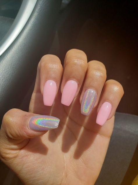 Holographic Nail Designs Art Ideas, Pink And Holographic Nails, Chrome Dip Nails Designs, Swim Nails, White Holographic Nails, Holographic Acrylic Nails, Chrome Coffin Nails, Holographic Nails Acrylic, Chrome Coffin