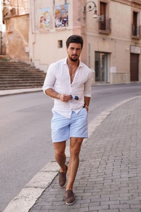 Rowan Row, Linen Shorts Outfit, Linen Shirt Outfit, Vacation Outfits Men, Greece Outfit, Greece Fashion, Mens Shorts Outfits, Ibiza Outfits, Mens Summer Outfits