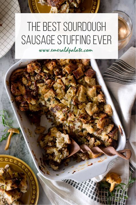 Thanksgiving stuffing with sourdough and sausage Pancetta Stuffing, Sourdough Stuffing Recipe, Turkey Stuffing Recipes, Sausage Stuffing Recipe, Thanksgiving Stuffing Recipes, Thanksgiving Vegetables, Stuffing Recipes For Thanksgiving, Sausage Stuffing, Farm Products