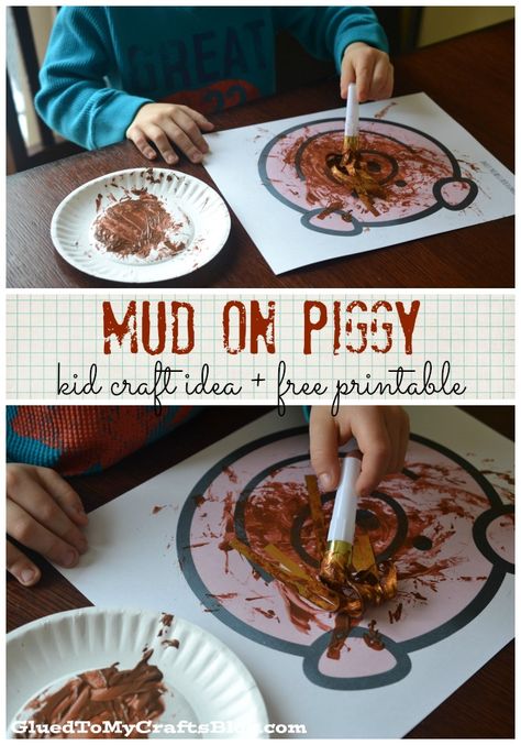 Mud On Piggy - Noisemaker Painting + Free Printable Mud Ideas For Preschool, Pig In Mud Craft, Wash The Muddy Farm Animals, Farm Animal Messy Play, Pig Process Art Preschool, Barnyard Dance, Muddy Pigs, Farm Animals Preschool, Toddler Sensory Bins