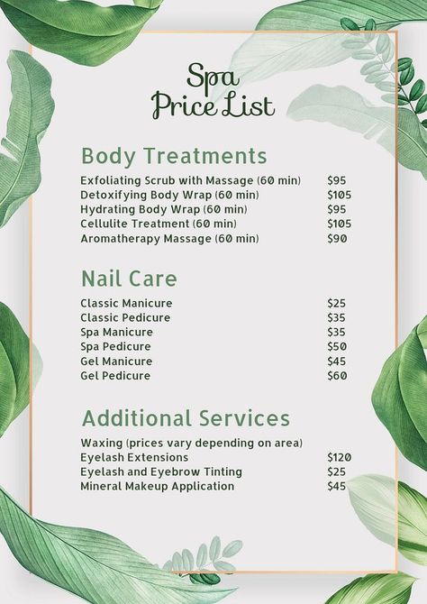 Spa price list, editable template for poster | premium image by rawpixel.com / Sasi Spa Price List, Template For Poster, Aesthetic Frame, Gel Pedicure, Spa Manicure, Spa Prices, Aromatherapy Massage, Notion Templates, Eyebrow Tinting