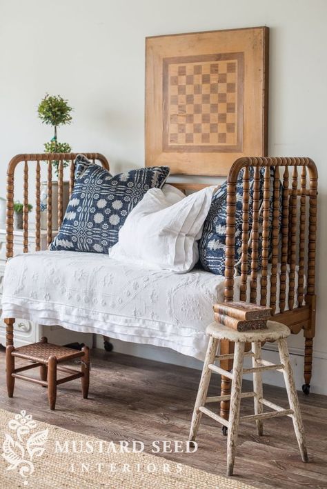 miss mustard seed | antique crib turned into daybed | miss mustard seed has the perfect DIY makeover for antique and vintage cribs! Vintage Crib Repurpose, Antique Crib Repurpose, Jenny Lind Crib Repurpose, Jenny Lind Crib Nursery, Crib Daybed, Crib Repurpose, Repurposed Crib, Jenny Lind Crib, Antique Crib