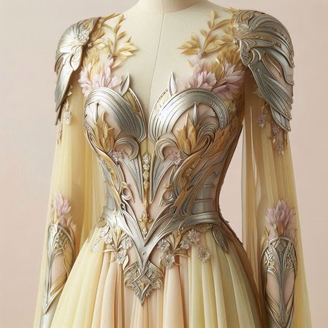 Fantasy Ball Gowns Goddesses, Gold Fantasy Dress, Fantasy Dress Queens, Goddess Core, Visenya Velaryon, Armour Dress, Armor Dress, White Gold Dress, Star Wars Outfits