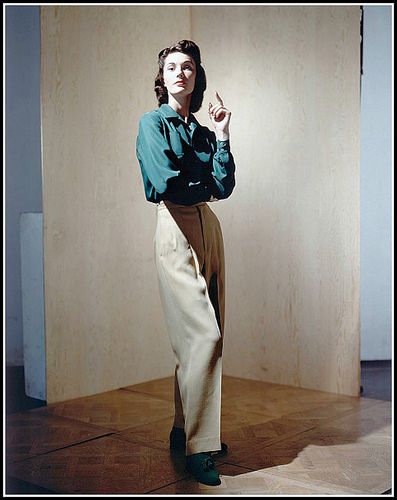 Marilyn Ambrose in slacks of labtex fabric and teal shirt in DuPont rayon, photo by Horst, Glamour 1942 Teal Shirt Outfit, Fashion Study, 40's Fashion, Teal Shirt, Slacks For Women, Office Wear Women, Glamour Magazine, Vintage Fashion Photography, Androgynous Fashion