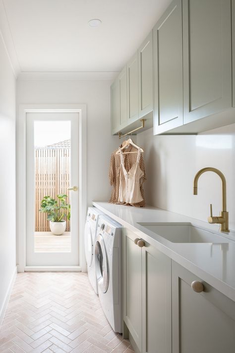 The House of Harvee Renovation is Pastel Perfection | ABI Interiors Laundry Room Tile Ideas, Brushed Brass Tapware, Brick Style Tiles, Brass Tapware, Laundry Room Tile, Laundry Ideas, Laundry Room Flooring, Dream Laundry Room, Laundry Room Layouts