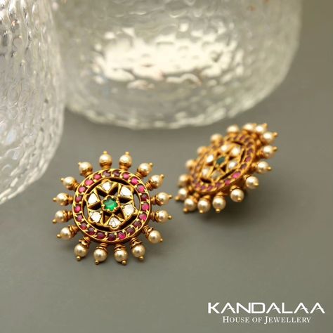 Gold Kemp Stone with Pearl Ear Studs From 'Kandala' • South India Jewels Chandbali Earrings, Gold Jewelry Earrings, Gold Earrings Designs, Brass Necklace, South India, Stunning Earrings, Green Tourmaline, Indian Jewellery, Ear Studs