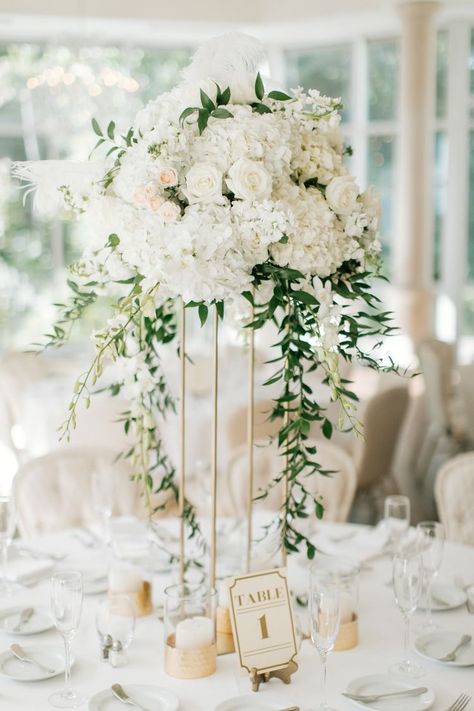 White Cream Green Wedding Flowers, Wedding Centerpiece With Feathers, Neutral Wedding Floral Centerpieces, Hydrangea Wedding Flowers Centerpieces, Wedding Flower Arrangements Hydrangea, Wedding Centrepiece Flowers, Ashton Gardens Atlanta, Neutral Wedding Flowers Centerpieces, Centerpieces Wedding White