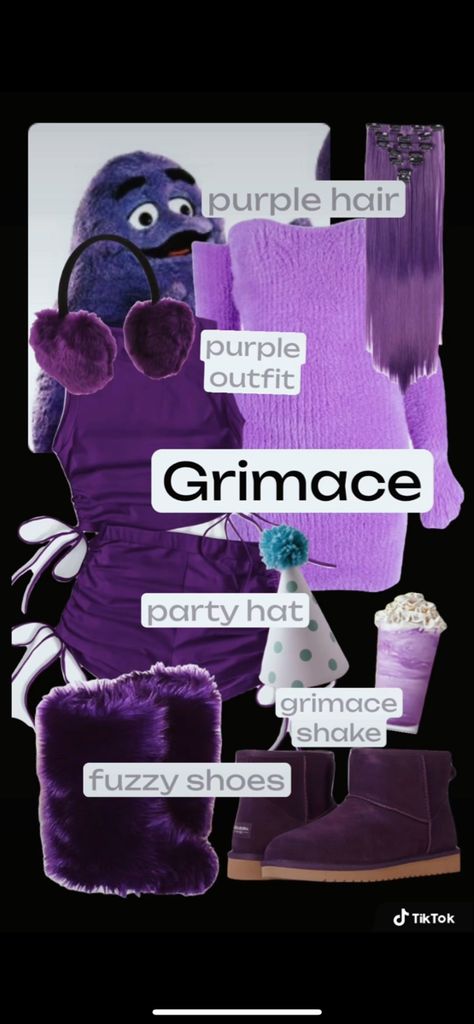 Grimace Outfit, Halloween Costumes For Purple Hair, Halloween Costumes Purple Dress, Grimace Halloween Costume, Halloween Costume Purple Hair, Costumes With Purple Hair, Purple Wig Costume Ideas Halloween, Grimace Costume, Purple Hair Costume