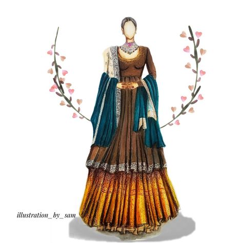 Saree Styles Illustration, Anarkali Fashion Illustration, Anarkali Sketch, Anarkali Illustration, Message Ringtone, Khaka Designs, Bride Fashion Illustration, Fashion Illustration Poses, Wedding Caricature