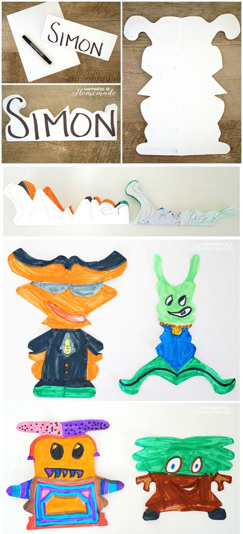 Kids Art - Make Alien Creature Monsters from Your Name Name Art For Kids, Name Art Projects, 2nd Grade Art, 4th Grade Art, 3rd Grade Art, Classroom Art Projects, Symmetry Art, Cool Art Projects, Elementary Art Projects