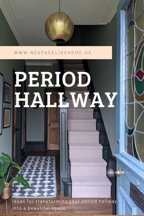 Get some great dark hallway décor ideas from this dark green hallway in an Edwardian period home! Packed with original features with a contemporary twist, see some entrance décor inspiration. 1920s Hallway Ideas, Dark Green Stairs, Teal Hallway Ideas, Vintage Hallway Ideas, Dark Grey Hallway Ideas, Bright Hallways, Dark Green Hallway, Dark Grey Hallway, Colourful Hallway