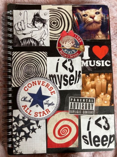 Journal Ideas Aesthetic Cover Page, High School Journal Ideas, How To Decorate Your Journal Cover, Emo Journal Ideas, Grunge Sketchbook Cover, Scrapbook Journal Cover Ideas, Messy Journal Aesthetic Grunge, Grunge Notebook Cover, Grunge Journal Cover