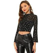 Star Crop Top, Prom Costume, Stand Collar Blouse, Party Crop Tops, Stars Pattern, Mesh Crop Top, Shiny Fabric, Cropped Tops, Mesh Long Sleeve