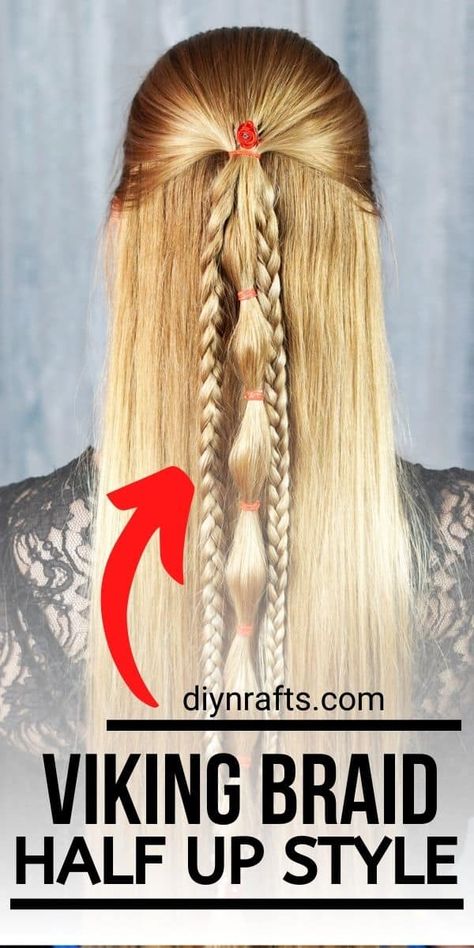 This half up Viking style braided hairstyle is super easy to do and looks great on everyone! Ideal for long straight hair but can work with any texture of hair! Easy Viking Hair, Astrid Costume, Activity Jar, Witchy Hair, Viking Braids, Viking Hair, Braided Half Up, Braided Hairstyle, Hair Rubber Bands