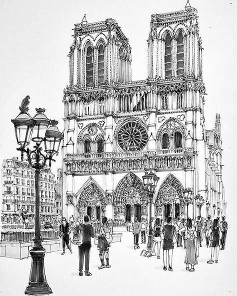 Stephen Travers on Instagram: "Notre Dame Paris in happier times. I had a lot of fun with with the STOP-MOTION video. If you have 15 seconds you can see the whole scene appear on Reels. What’s your favourite Notre Dame memory?" Paris Architecture Aesthetic, Paris Drawing Sketches, Notre Dame Drawing, Paris Drawing, Notre Dame Paris, Paris Tattoo, Paris Architecture, Architecture Graphics, Travel Sketches