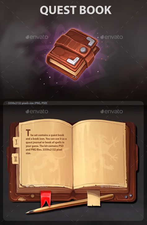 Quest Book by a-ravlik | GraphicRiver Game Book Design, Book Pixel Art, Pixel Book, Time Clipart, Idle Game, Medieval Games, Game Gui, Ui Patterns, 2d Game Art