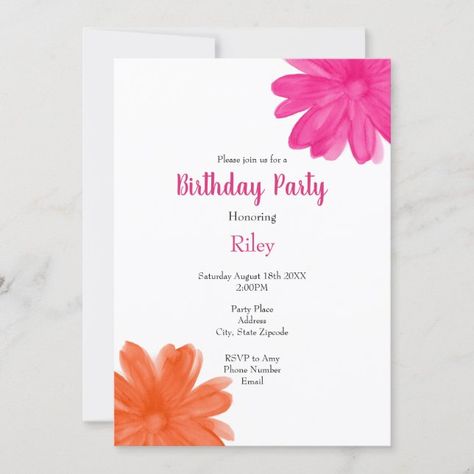 Hot Pink and Orange Watercolor Flowers Invitation | Zazzle Watercolor Flower Invitation, Orange Invitation, Flowers Invitation, Orange Birthday, Orange Watercolor, Tea Party Invitations, Party Places, Flower Invitation, Orange Roses