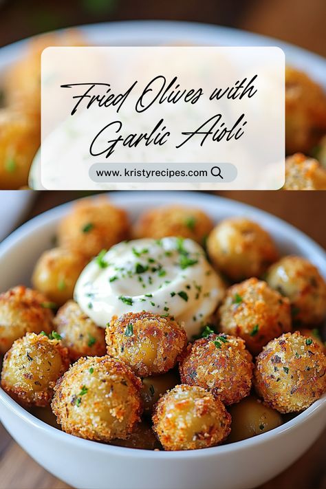 Experience the bold flavors of Fried Olives with Garlic Aioli! These crunchy, savory treats are filled with the perfect mix of briny olives and a crisp batter. Paired with a smooth, garlic-infused aioli, they make the ideal appetizer or snack for any occasion. #olive #extravirgin #greenolives #healthyfood #extravirginoliveoil Olive Puffs Recipe, Fried Olives Pioneer Woman, Stuffed Black Olives, Appetizer With Olives, Stuffed Fried Olives, Olives Appetizer Ideas, Fried Olives With Garlic Aioli, Deep Fried Olives, Fried Green Olives