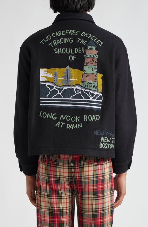 Bode reimagines a 1960s souvenir jacket with chainstitched 'New York' and 'Boston' embroidery on the front and lighthouse embroidery at the back. The slogan on the back of this boxy wool style reads: 'Two bicycles, tracing the shoulder of Long Nook Road at dawn.' 24" length (size Large) Two-way front-zip closure Spread collar One-button cuffs Front welt pockets Lined 100% wool Dry clean Imported Designer Clothing Bode Jacket, Boston Embroidery, Lighthouse Embroidery, Souvenir Jacket, Embroidered Art, Embroidered Jacket, Wool Jacket, Welt Pockets, Welt Pocket