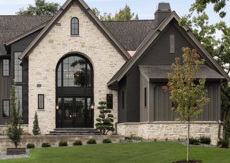 Brick Rock And Siding Exterior, Limestone And Board And Batten Exterior, Dark Exterior With Light Stone, Black Modern Exterior House, Cottagecore Exterior House, 2024 Exterior House Trends, Modern Italian Farmhouse, Mountain Home Exterior, Stone Exterior Houses