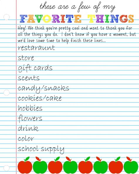 teacher's favorite things questionnaire #teacherappreciation Favorites List Questions, Teacher Questionnaire, Hospitality Ideas, Teacher Wish List, Texas Girls, Teacher Treats, Teachers Appreciation, Teacher Appreciation Printables, List Printable