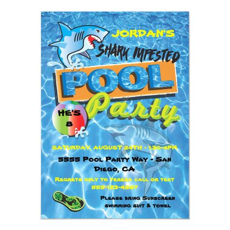 Shark Pool Birthday Party Invitations #birthdayinvitations #birthday #1stbirthdayinvitations #quinceanerainvitations #birthdayinvitationstemplate #birthdayinvitationcard #disneybirthdayinvitations #zazzle #zazzleinvitation Beach Party Invite, Shark Birthday Party Invitation, Shark Pool, Shark Birthday Invitations, Pool Party Kids, Pool Party Birthday Invitations, Shark Birthday Party, Pool Birthday, Kids Birthday Themes