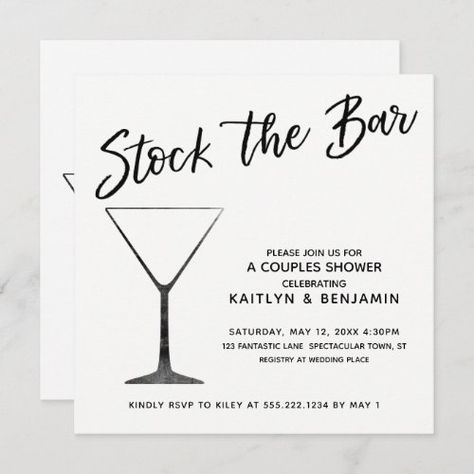 $2.88 | Black Script on White Stock the Bar Couples Shower #party for newly engaged, couples shower, stock the bar engagement party, buy glassware and bar service, wine liquor and beer needs, soon to be married celebration, invite friends to celebrate together, casual bold calligraphy typography, black and white, graphic martini glass Stock The Bar Engagement Party, Bar Engagement Party, Engagement Hashtags, Stock The Bar Party, Bold Calligraphy, Couples Shower Invitation, Online Party Invitations, Engagement Party Gifts, Couples Shower Invitations