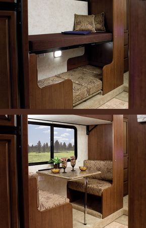 "Bunk Bed-n-Breakfast" space-saving two-person dinette with convertible bunk beds Rv Bunk Beds, Mini Chalet, Convertible Bunk Beds, Fleetwood Rv, Diy Bunk Bed, Caravan Renovation, Kombi Home, Trailer Living, Camper Makeover