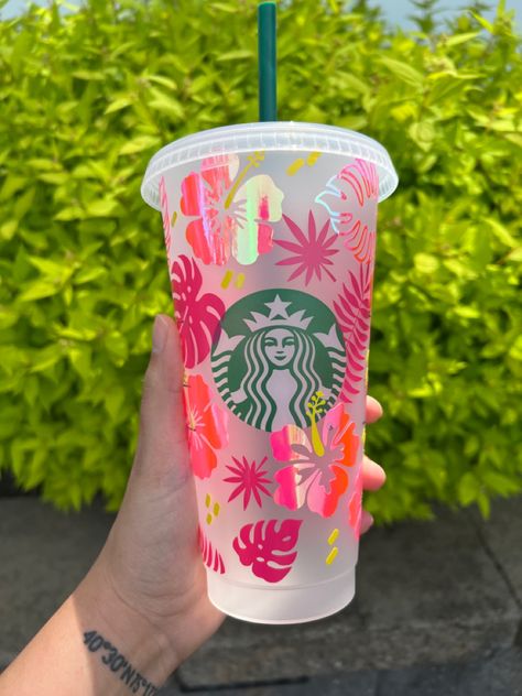 Spring Cups, Summer Cups, Coffee Starbucks, Powder Coated Tumblers, Custom Starbucks Cup, Tropical Hibiscus, Flower Cup, Reusable Cup, Cold Coffee